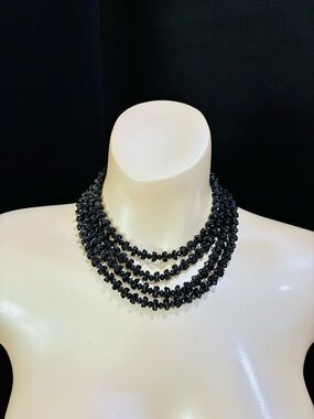 VTG West Germany 4 Layered Black Glass Chip Beaded Statement Necklace